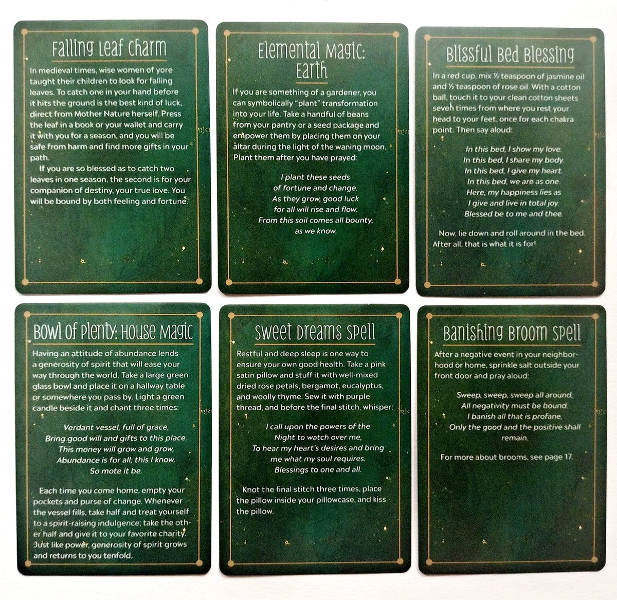 A collection of ten spell cards featuring full color artwork and English guidance for witchcraft.