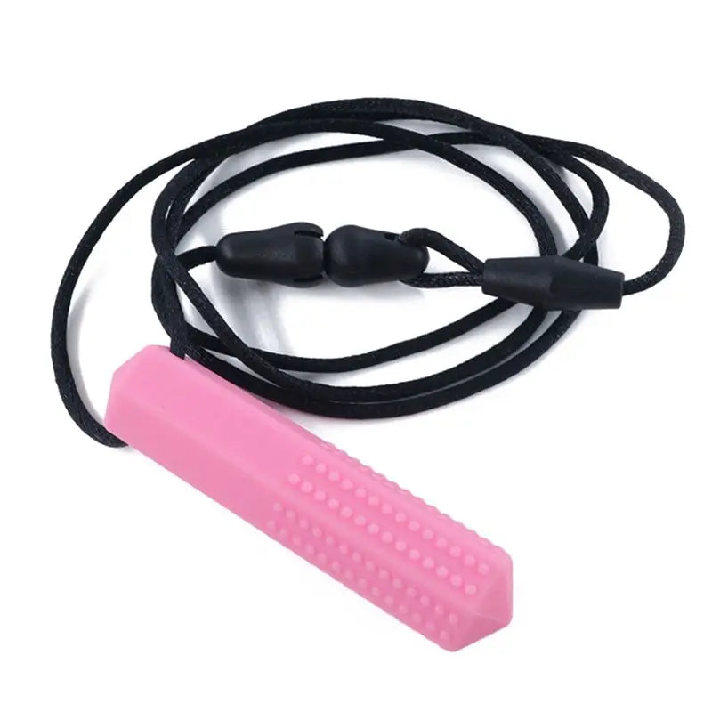 Pink silicone chew necklace with a black cord and a silicone tip for teething and sensory calming