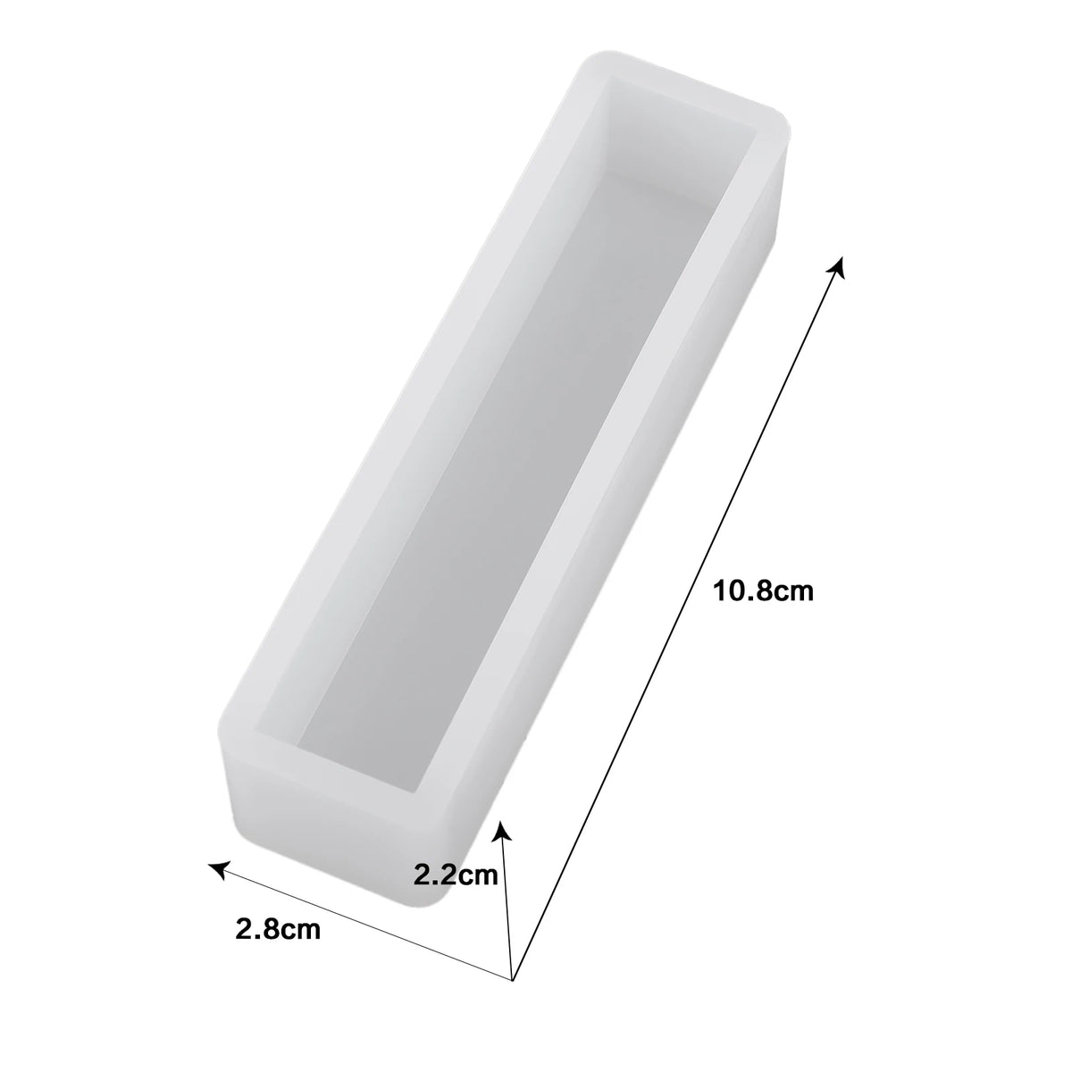 A white geometric resin casting mold with dimensions 10.8cm long, 2.2cm wide, and 2.8cm high.