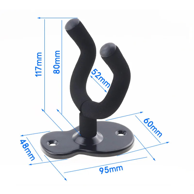 Black wall-mounted guitar hanger with adjustable arms and mounting plate.