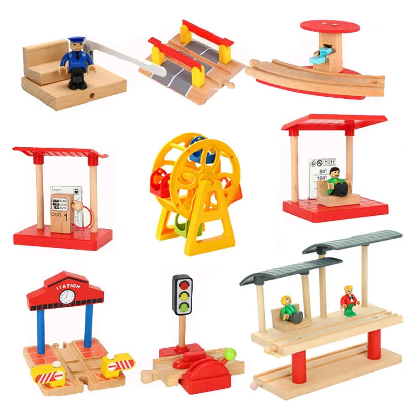 A set of wooden train track accessories featuring airport and gas station scenes with various vehicles and structures.