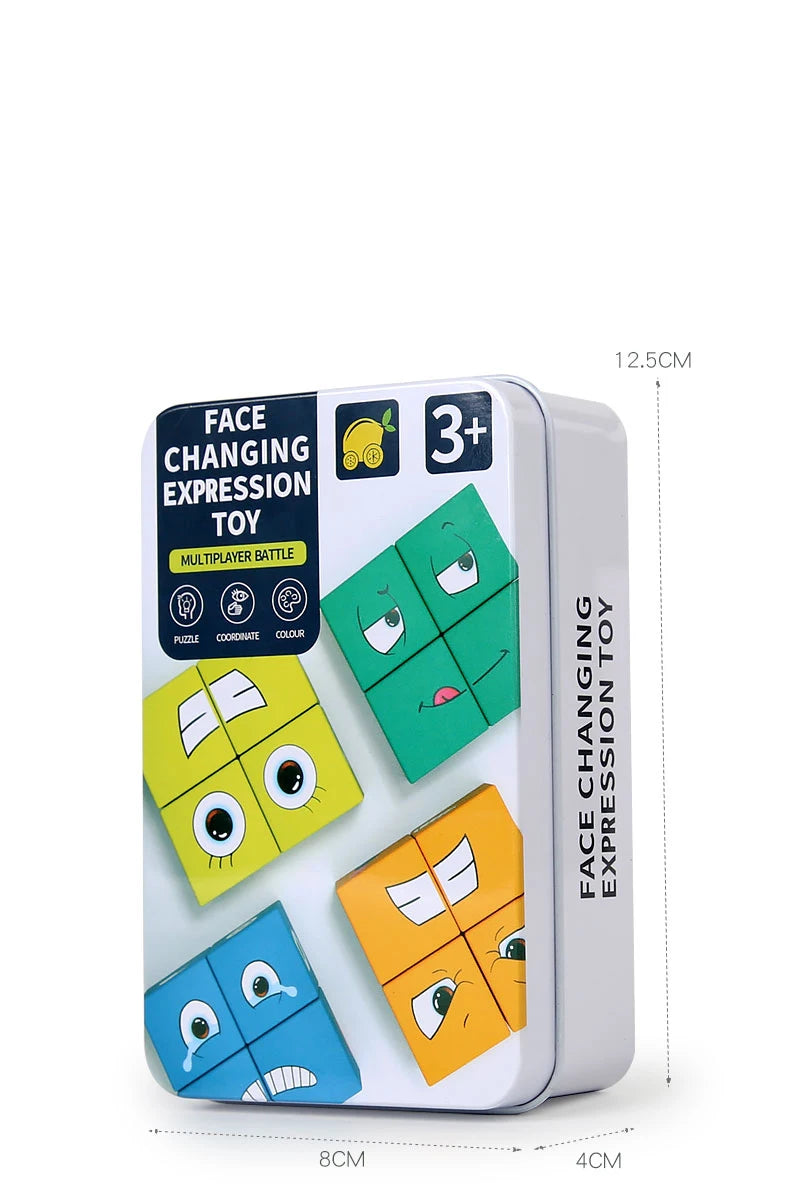 A white box containing a face-changing expression toy puzzle with colorful cartoon blocks.