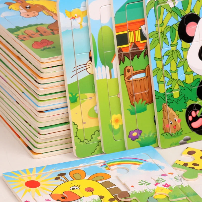 A stack of wooden kids learning puzzles featuring animals and nature scenes.