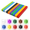 A set of colorful rainbow link cubes in various colors and sizes used for Montessori math and counting blocks.