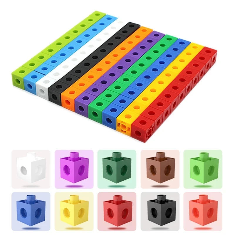 A set of colorful rainbow link cubes in various colors and sizes used for Montessori math and counting blocks.