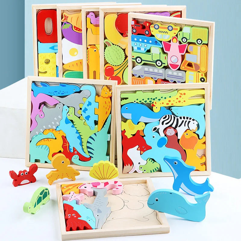 A set of wooden tangram puzzle boards and individual pieces for children's educational play.