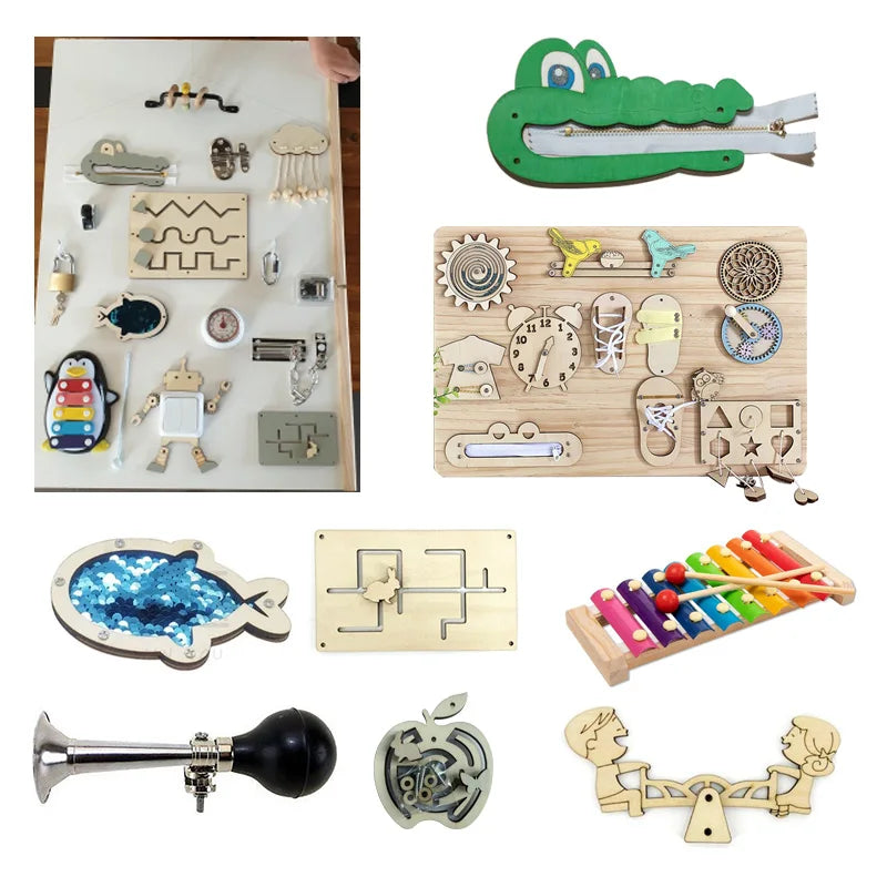 A collection of wooden Montessori busy board toys including puzzles, gears, and manipulative tools for sensory learning.