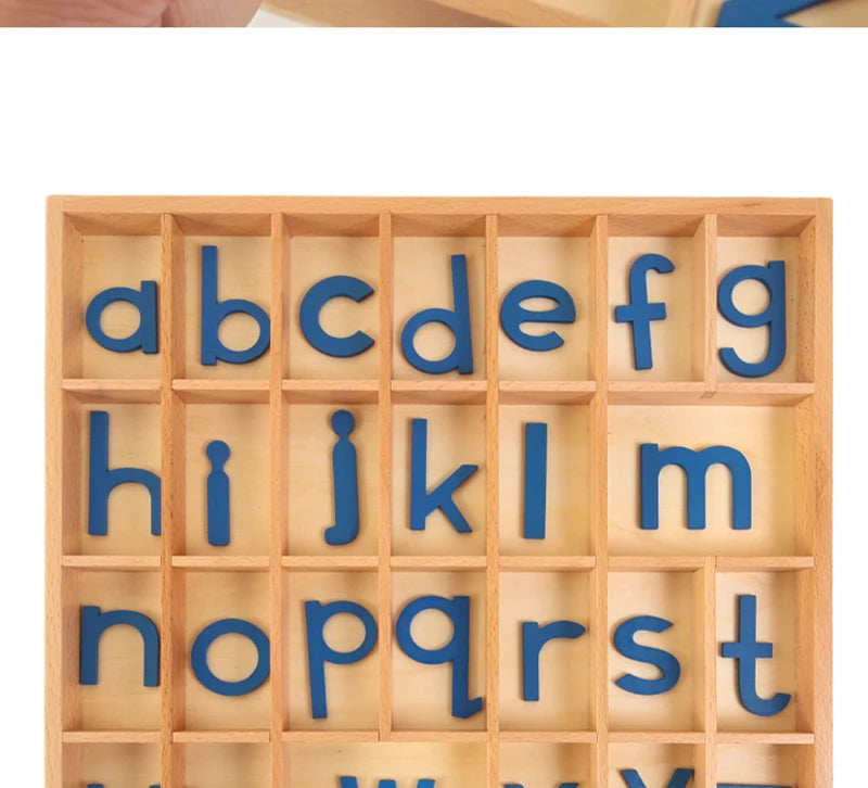 A wooden alphabet box with letter cards showing the lowercase and uppercase letters of the English alphabet.