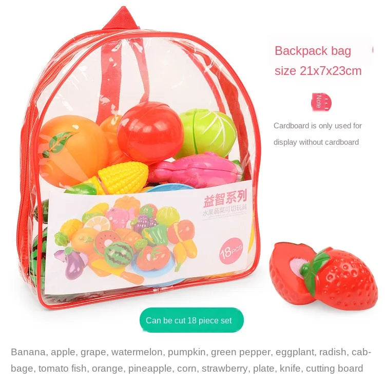 A red backpack bag filled with a set of 18 pretend play fruit and vegetable items like banana, apple, grape, and tomato.