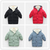 A collection of three kids' padded parka jackets in black, red, and blue-gray.