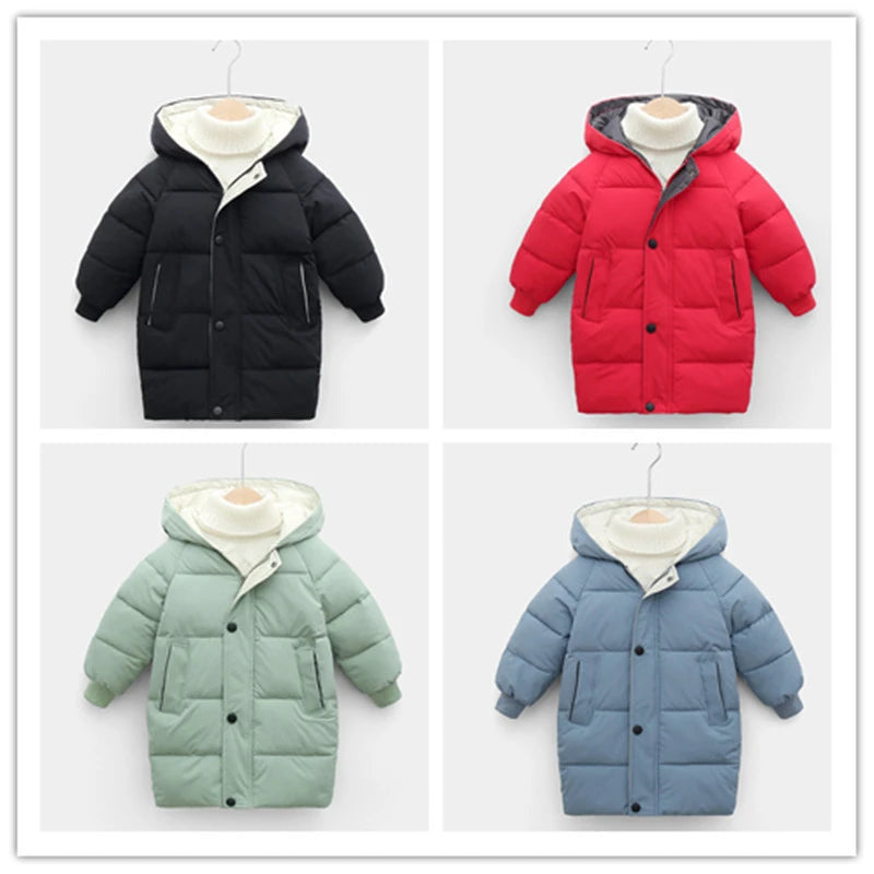 A collection of three kids' padded parka jackets in black, red, and blue-gray.