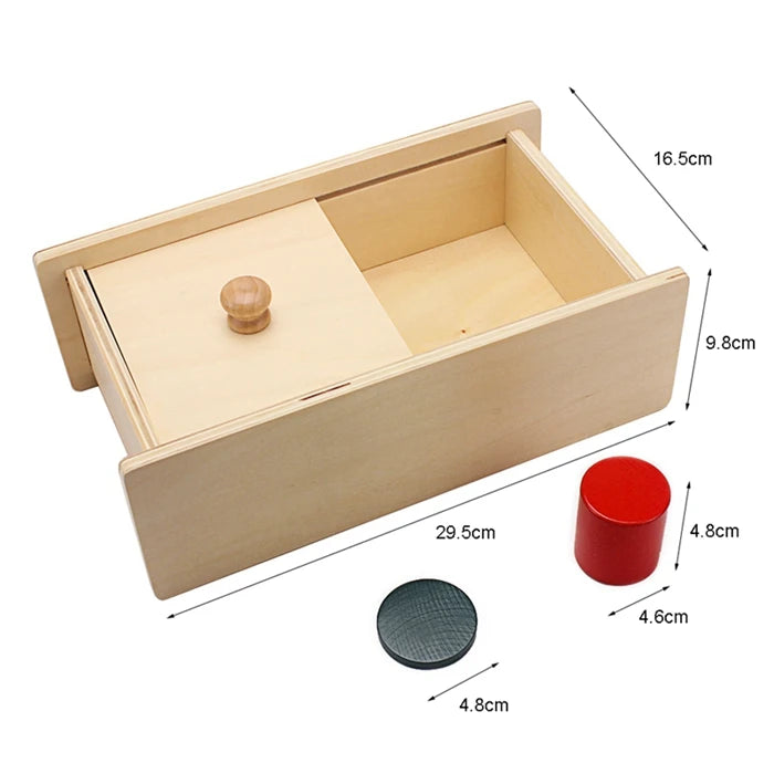 A wooden sensory toy set featuring a shallow box and a red container for toddlers.