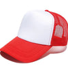A white and red trucker hat with a mesh back and a red front panel is shown from a slight angle.