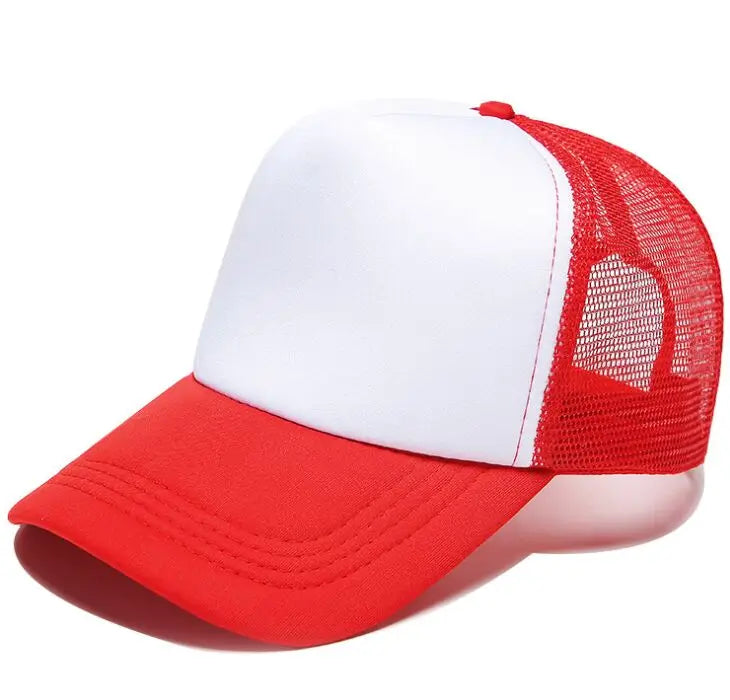 A white and red trucker hat with a mesh back and a red front panel is shown from a slight angle.