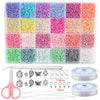 A variety of colored glass seed beads in various shades are displayed in a clear plastic container with a pair of pliers and 