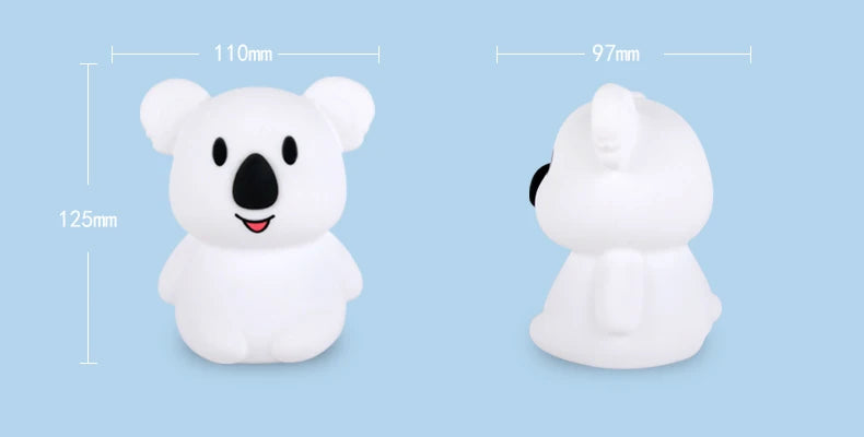 A white koala LED night light is shown with dimensions and a separate white bear-like figure.