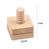 A wooden screw and nut building block set showing a stacked wooden piece with a threaded post and a flat base.