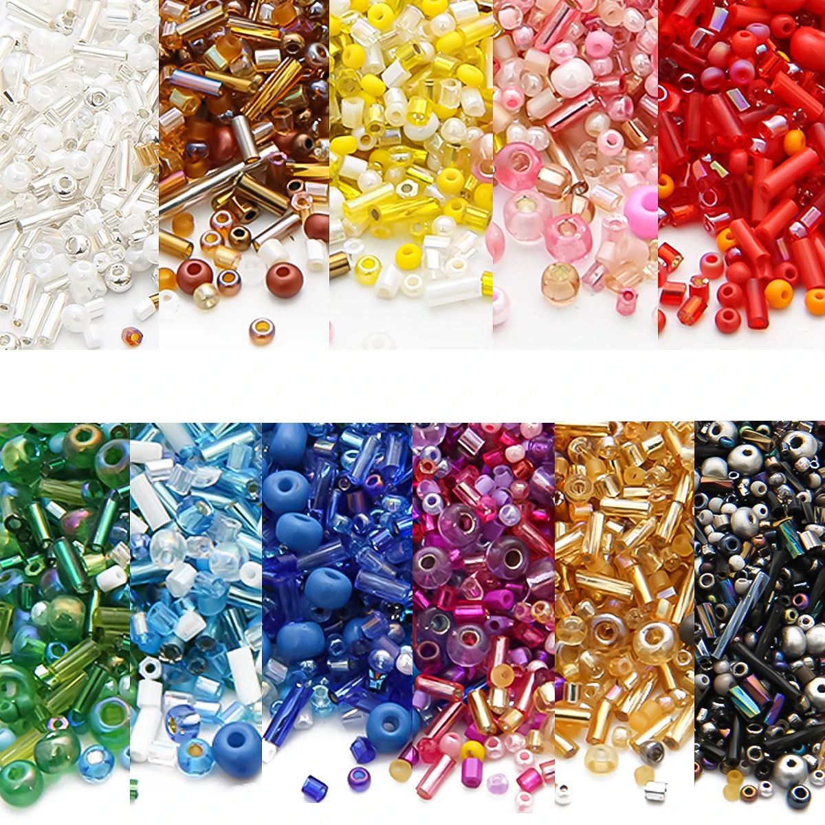 Collection de perles de verre mixtes dans diverses couleurs, y compris transparent, ambre, rose, violet et rouge.