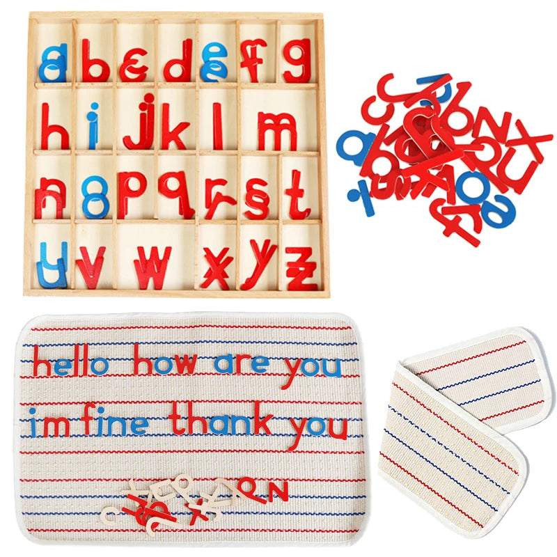 Montessori wooden alphabet box with red and blue letter cards and a fabric greeting card