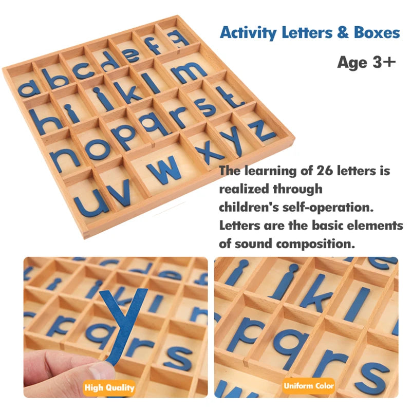 A wooden alphabet box showing letter cards for learning letters through self-operation.