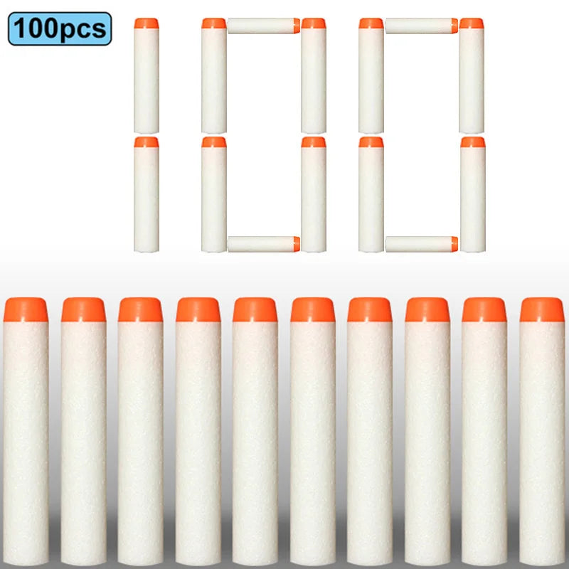 A set of 100 soft foam dart refills in various colors and lengths, packaged for toy blasters.
