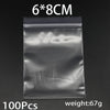 A clear resealable plastic bag containing 100 pieces of small items, measuring 6x8cm and weighing 67g.