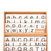 A wooden alphabet box containing individual letter cards for learning.