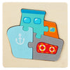 A wooden puzzle featuring colorful, interlocking puzzle pieces shaped like cartoon animals.
