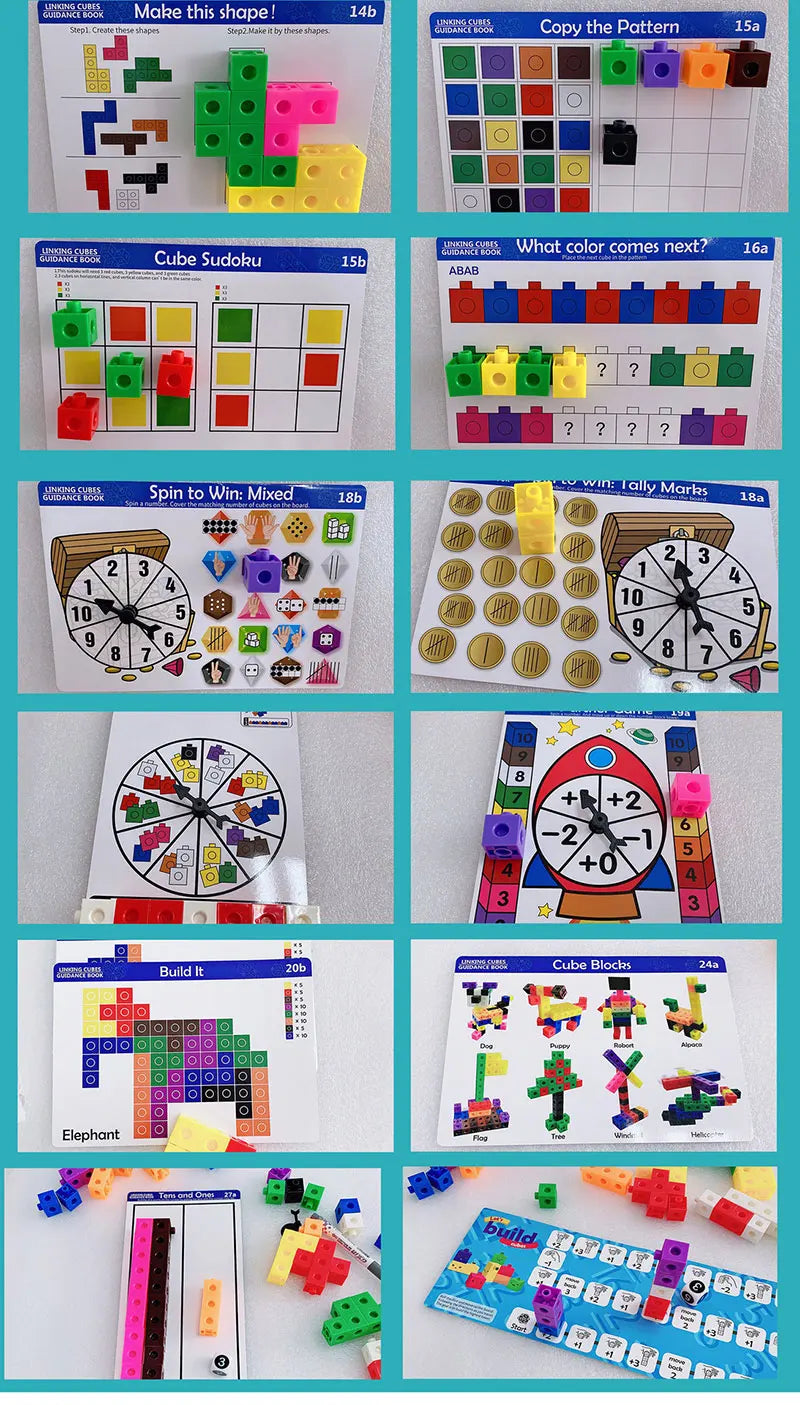 A collection of colorful link cubes and blocks used for Montessori math and counting activities.