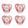 Two rose gold crystal bling pacifiers featuring a crown and a heart design for newborns
