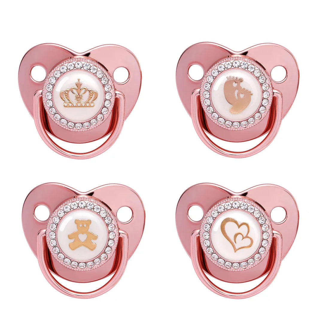 Two rose gold crystal bling pacifiers featuring a crown and a heart design for newborns