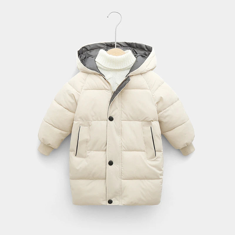 A beige kids' padded parka jacket with a hood and zipper, displayed on a hanger.