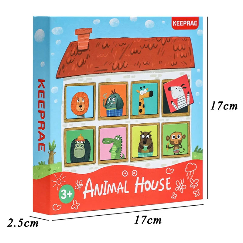 A box of a Keeprae Animal House magnetic matching game featuring various animals in colorful frames.