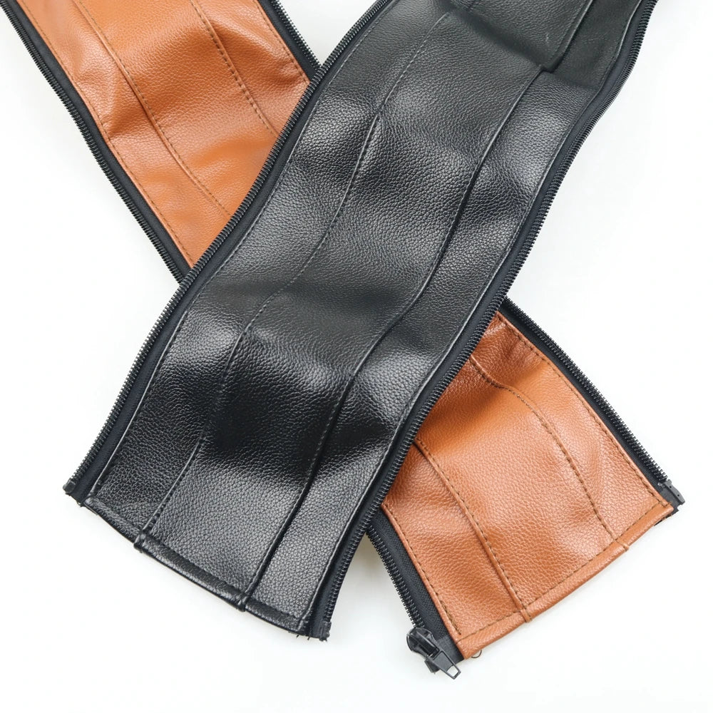 Black and brown leather strap for a stroller handle cover providing a protective grip