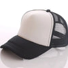 A black and cream trucker hat with a mesh back and adjustable snapback closure.