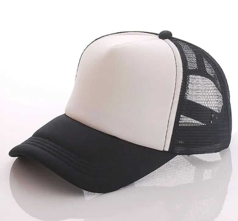 A black and cream trucker hat with a mesh back and adjustable snapback closure.
