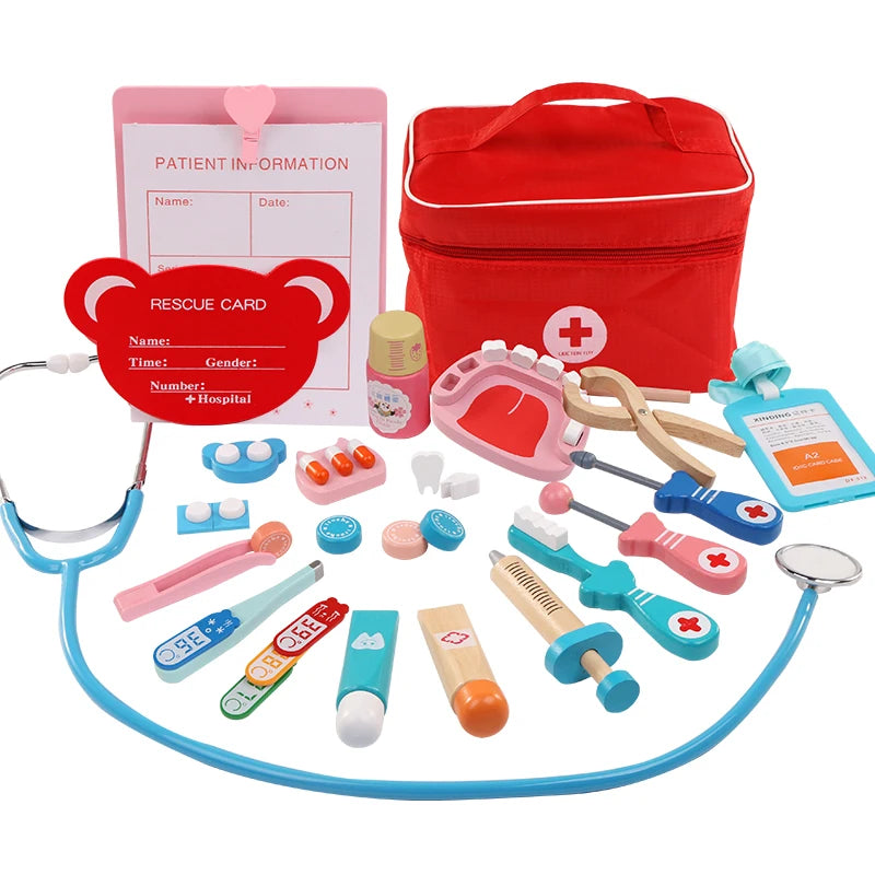 A wooden pretend play doctor medical kit with various tools, a patient information card, and a red first aid box.