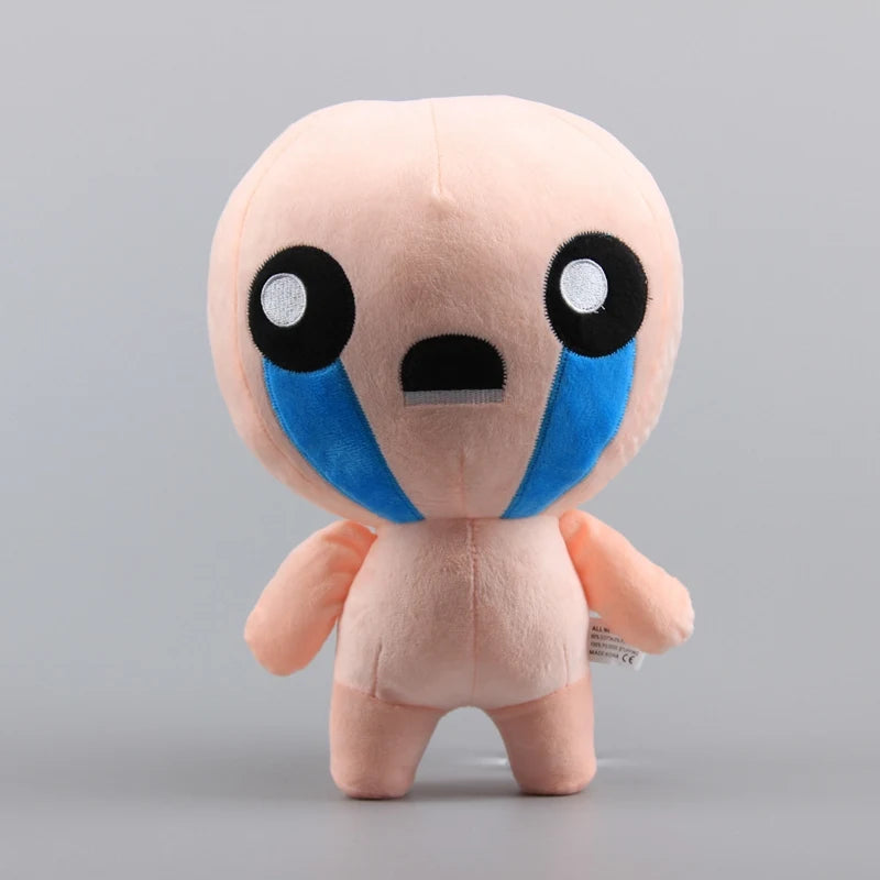 A pink collectible plush toy with large black eyes and blue accents.