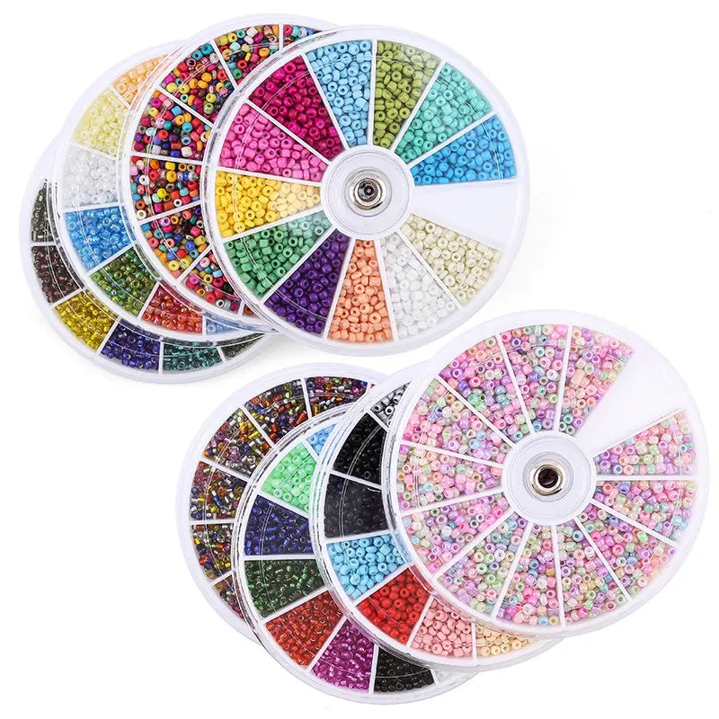 A set of 12 color glass seed beads arranged in a circular palette for DIY jewelry making