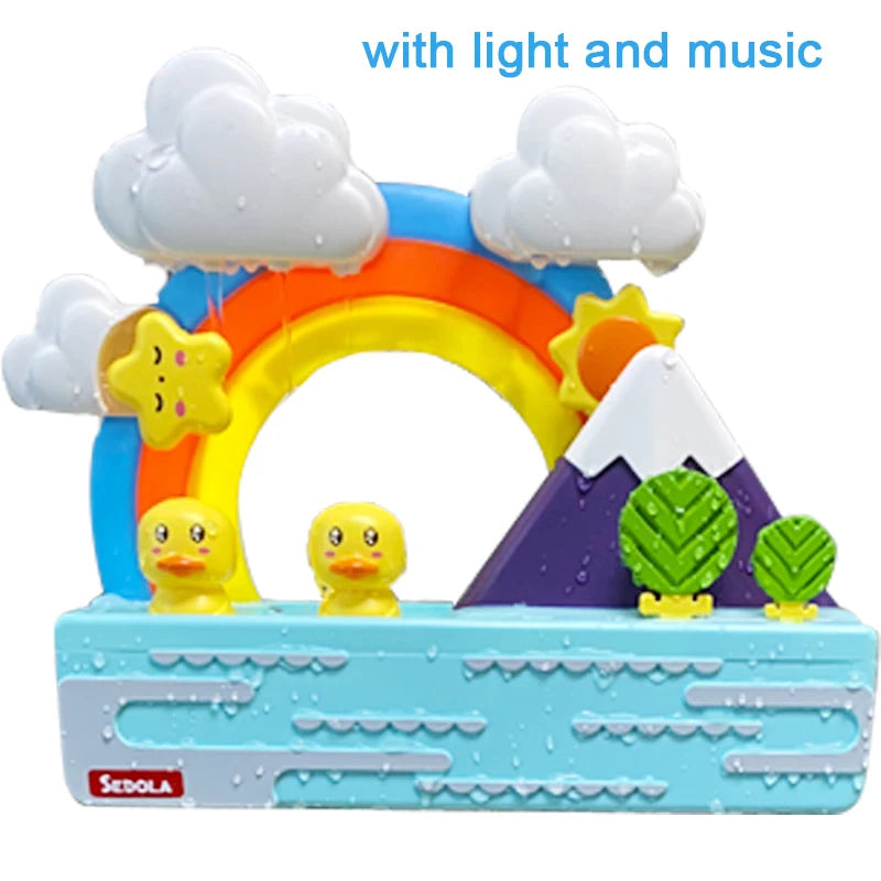 A colorful bath toy set featuring a rainbow arch, clouds, and yellow ducks with light and music.