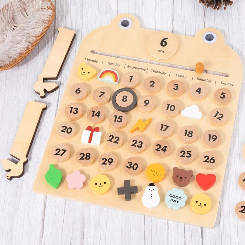 A wooden daily calendar for kids featuring numbered days, weather icons, and activity symbols.