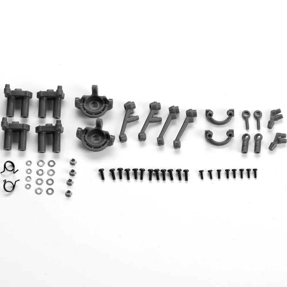 A set of 1:12 scale RC car steering wheel and interior upgrade parts including various plastic components and screws