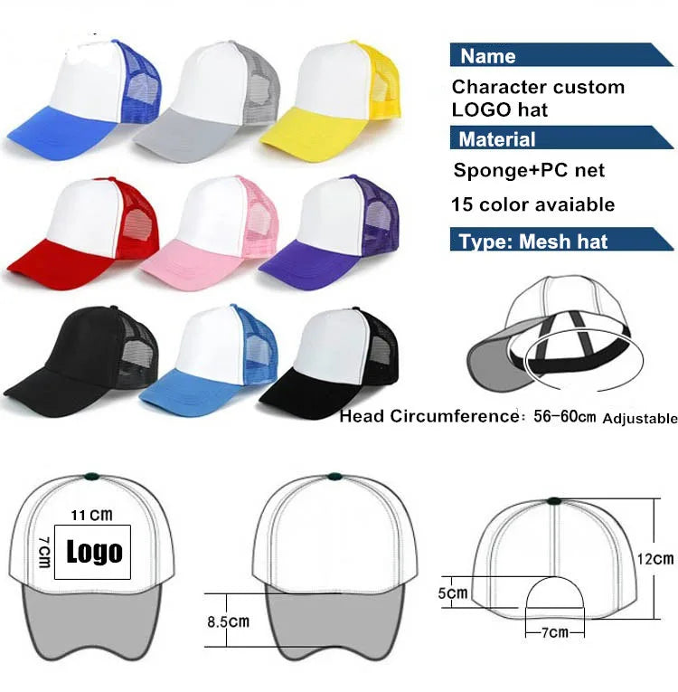 A collection of various custom logo hats in different colors and styles, including mesh and solid fabric options.