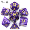 A set of purple marble effect polyhedral dice including a d12, d10, d8, d6, and d4.