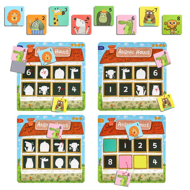 A set of magnetic animal and number matching game boards for toddlers featuring various animals and numbers.