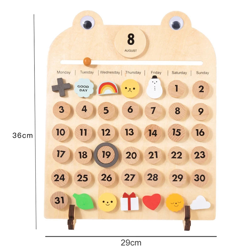 A wooden daily calendar board showing the month of August, days 1 through 31, and various icons for weather and activities.