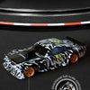 A black and white mini RC drift car is shown on a dark surface, demonstrating fine-tuned digital steering gear.