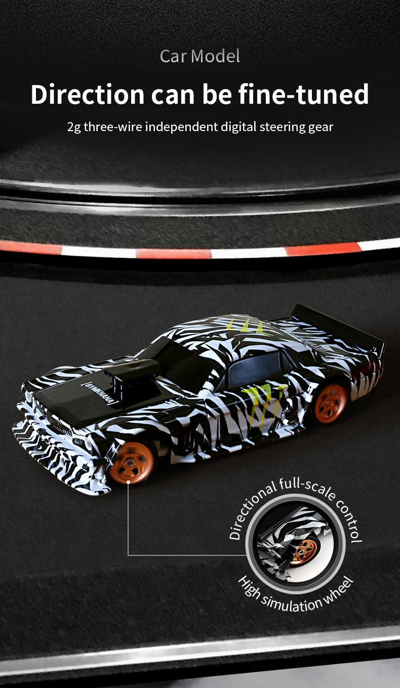 A black and white mini RC drift car is shown on a dark surface, demonstrating fine-tuned digital steering gear.