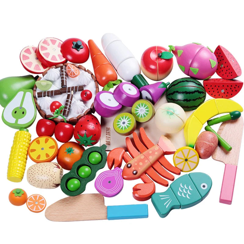A set of magnetic wooden fruit and vegetable cutting toys in various colors and shapes.