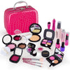 A pink kids pretend play makeup set featuring various cosmetic items and a safe mirror.